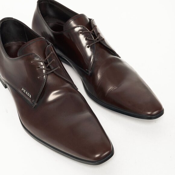 Prada Brown Spazzolato Leather Lace-Up Derbies - Picture 6 of 12